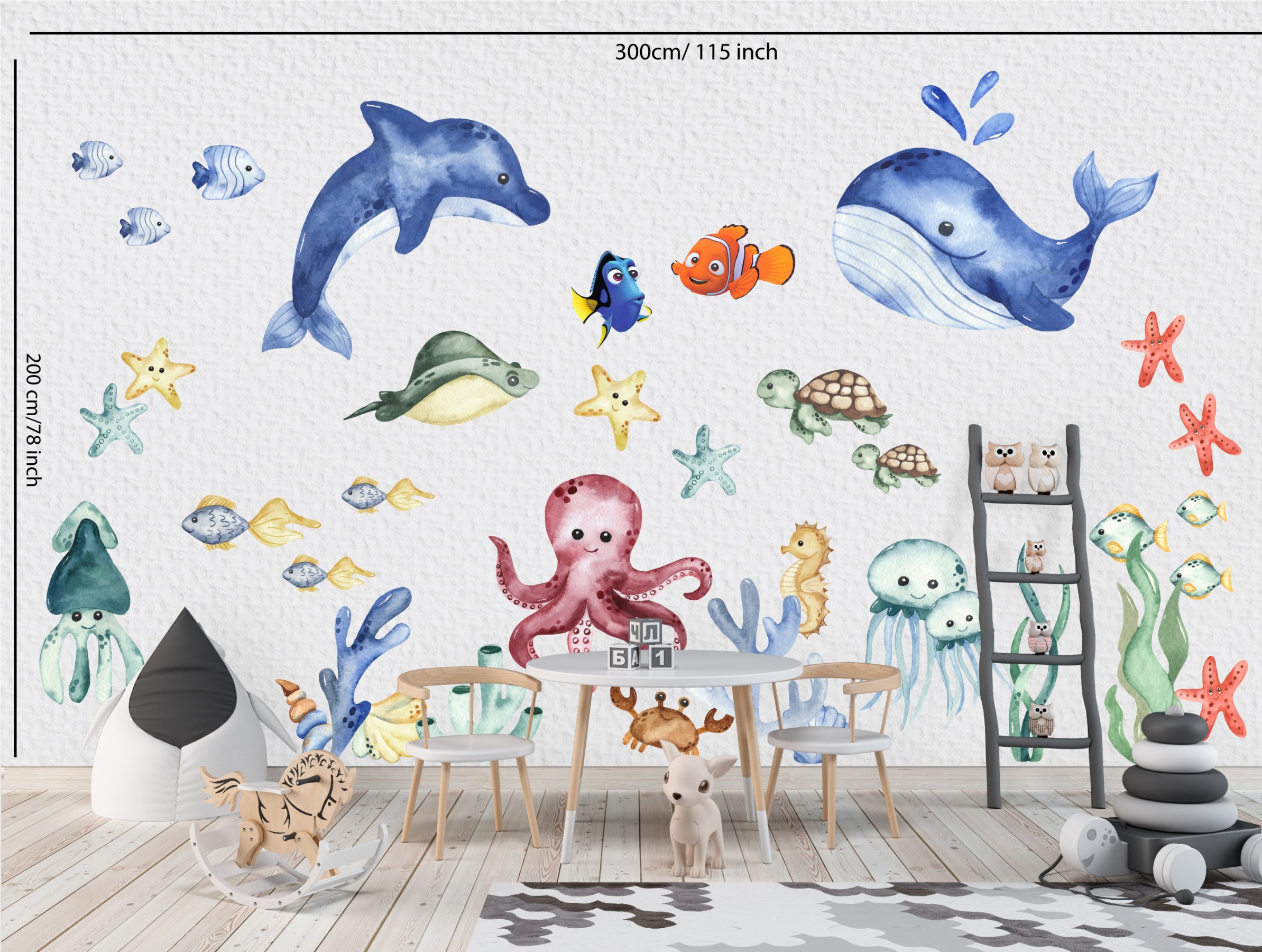 | Tapeten Nemo, Walen, einzigartige Kinderzimmer und mit Oilandia Fischen, - Wandtattoo Delfinen, Life Wandaufkleber Meereswelt Quallen OCEAN