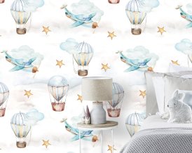 Wallpaper  with Balloons, Airplane Wallpaper ECO Textile peel&stick re-useable Wallpaper