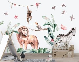 Safari nálepka na stenu do detskej izby, Lev, Zebra a Opica