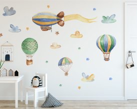 Nálepka na stenu akvarelové balóny, vzducholode od ECO STICKER opakovane použiteľná