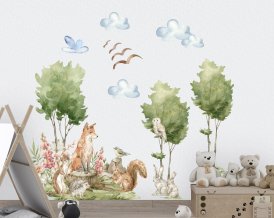 Giant Wall decals with magic forest trees for your kids room with watercolour bear, Wolf,