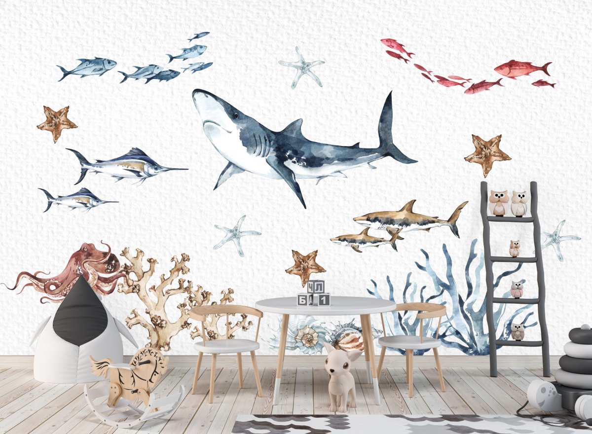 Sea World Ocean Wall Decal for kids room, Wall decal with Shark, octopus, corals, shells