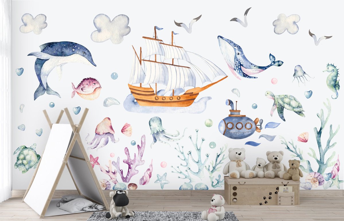Wall Decal for Kids Ships, Giant Wall Sticker, Wall Decal Kids Room, Whale, Fishes,