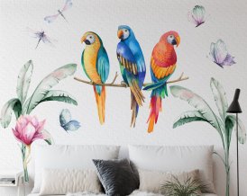 Tropical Parrot Wall Decal with Butterflies, Dragonflies