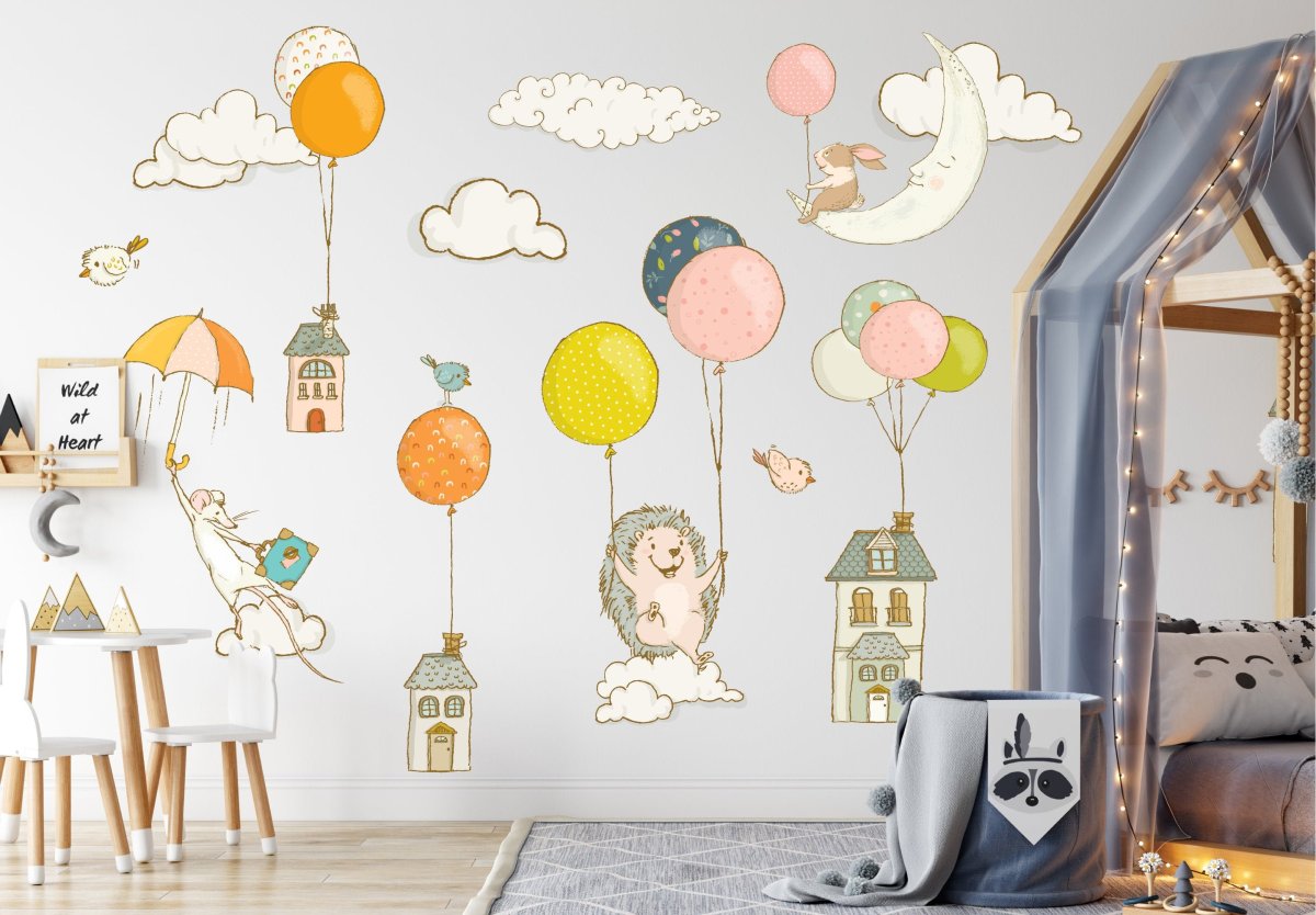 Nursery wall decal  with flying Hedgehog, mouse, rabbit and air balloons