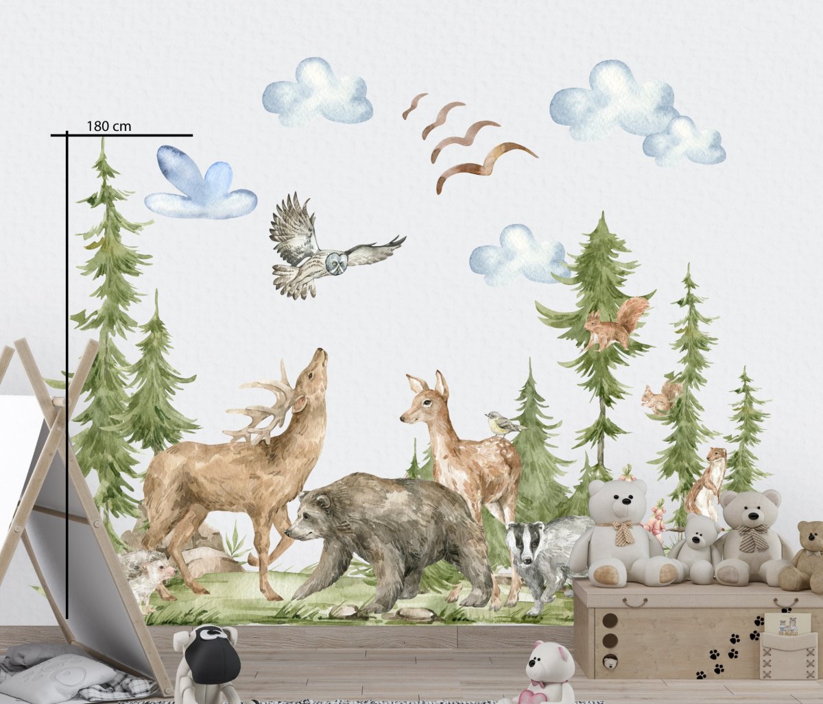 Wall decals with magic woodland animal  for your kids room with watercolour bear, Wolf, Eagl