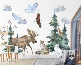 Nálepka na stenu s lesnými zvieratkami pre deti - los, polárna líška, rys, ježko, sova