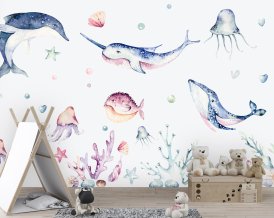 Giant Whale, Dolphin and Ocean World Wall Decal for Nursery