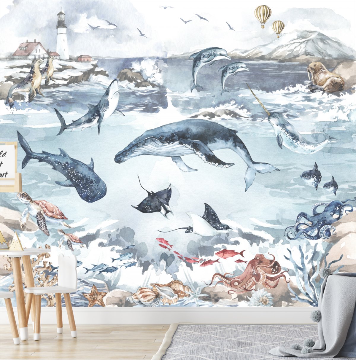 Ocean Life Wallpaper for Children, Sea world Wall Mural, Peel and Stick, Reusable