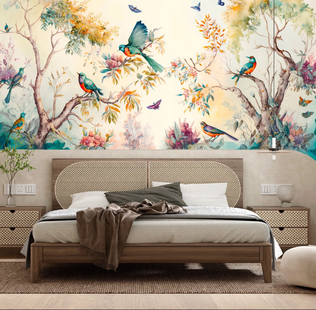 Floral WALLPAPER - Exotic Flowers Wallpaper with birds - peel&stick Reusable Wallpaper