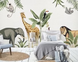 Nálepky na stenu Safari so zvieratami - slon, žirafa, lev, opica, zeleň