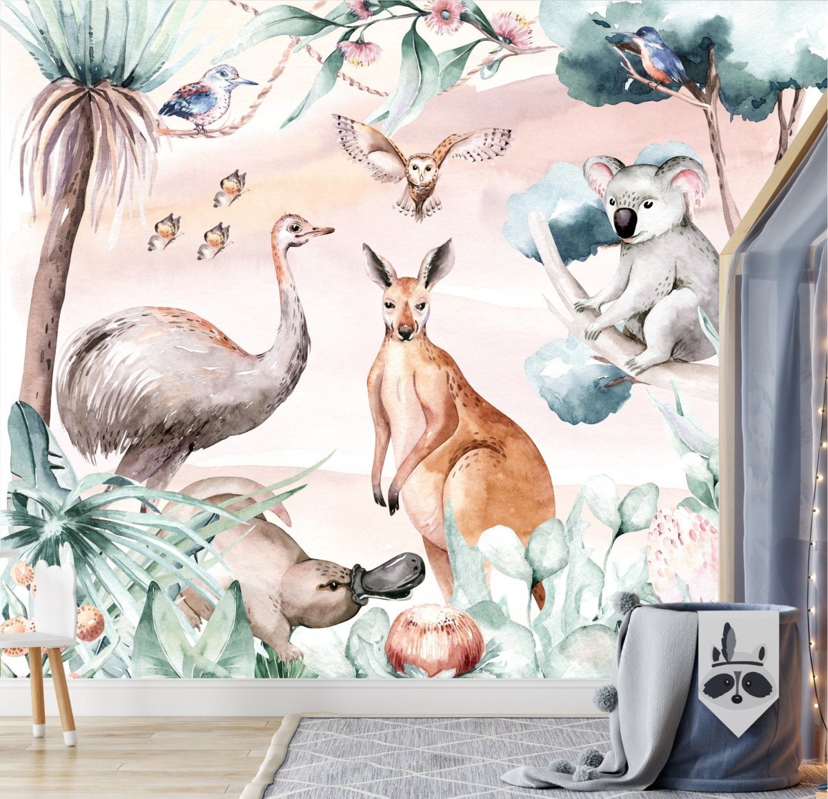 KIDS WALLPAPER Wild Australian animals ECO Textile Wallpaper Peel & Stick for kids room